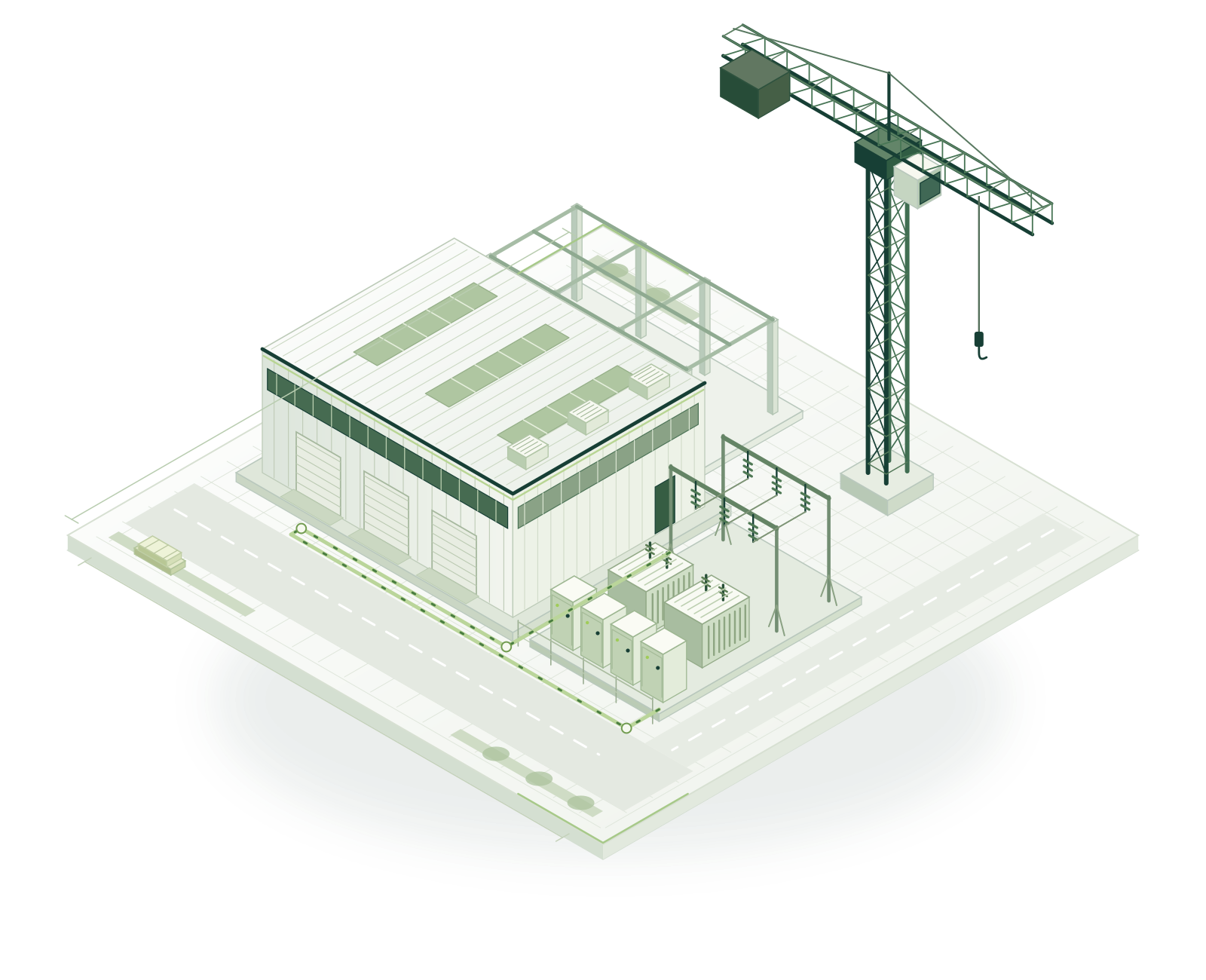 Isometric electrical and industrial facility with construction crane and power equipment.