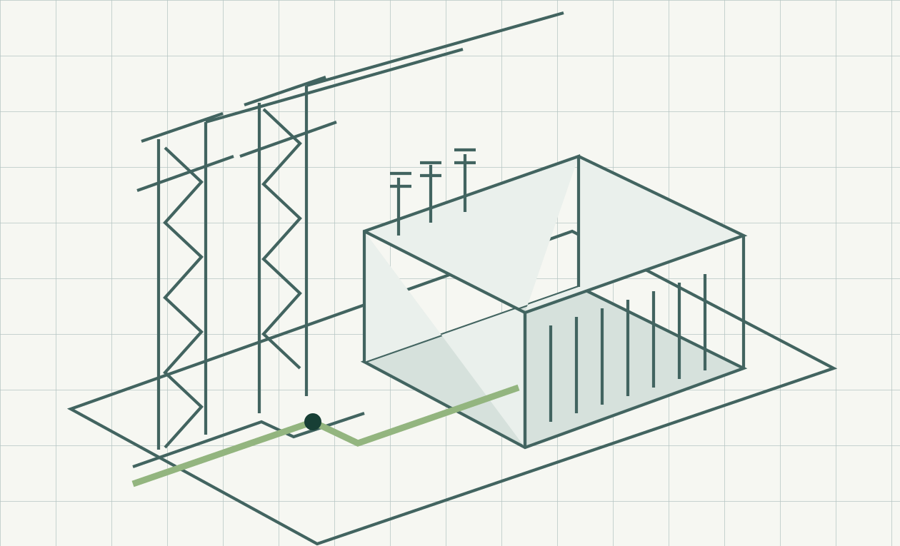 Illustration of industrial transformers and power infrastructure.