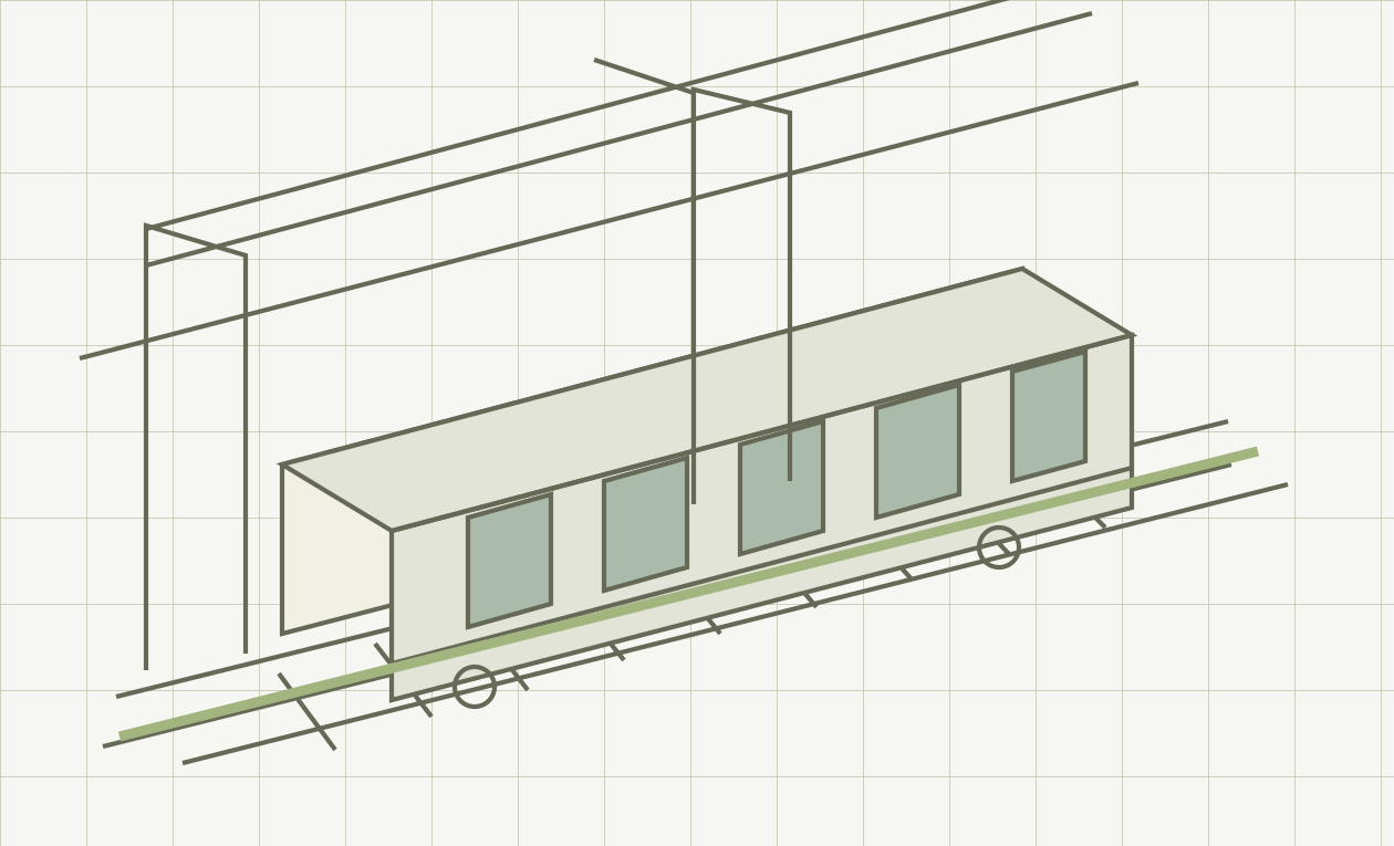 Illustration of rail systems and overhead electrical infrastructure.